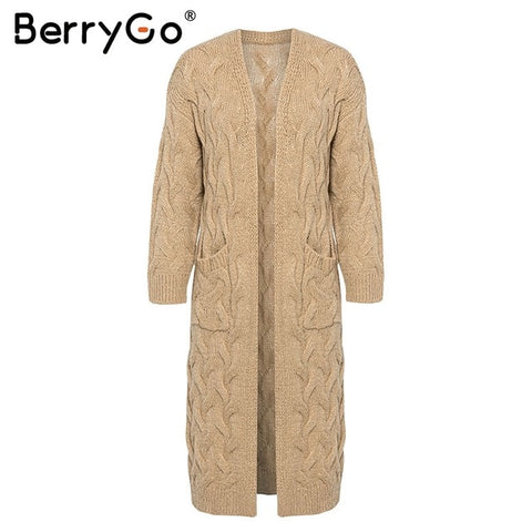 BerryGo Vintage mohair long cardigan women sweaters female Long sleeve pocket winter cardigans Casual knitwear knitted jumpers