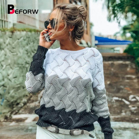 BEFORW 2019 Women Winter Long Sleeve Crewneck Knitted Pullover Sweater Vintage Splice Autumn Ladies Pullover Jumper Mit Streifen