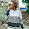 BEFORW 2019 Women Winter Long Sleeve Crewneck Knitted Pullover Sweater Vintage Splice Autumn Ladies Pullover Jumper Mit Streifen