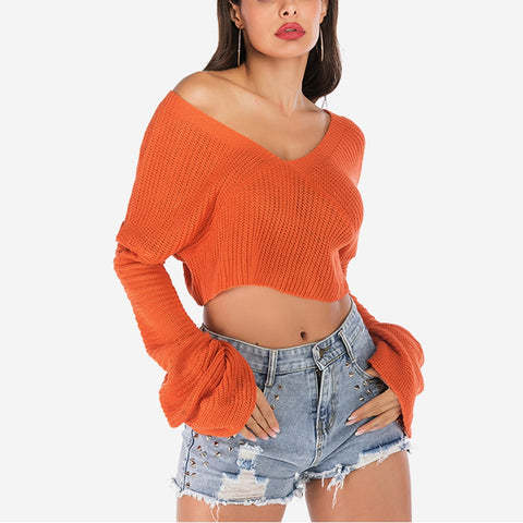 New Autumn Winter Sexy Midriff-baring Sweaters loose Solid Knitted Pullovers Casual Deep V-neck Sweater Knitwear