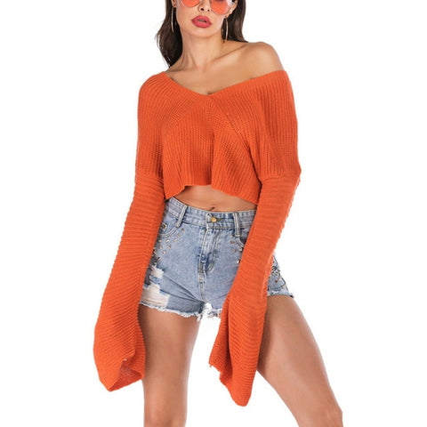 New Autumn Winter Sexy Midriff-baring Sweaters loose Solid Knitted Pullovers Casual Deep V-neck Sweater Knitwear