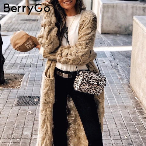 BerryGo Vintage mohair long cardigan women sweaters female Long sleeve pocket winter cardigans Casual knitwear knitted jumpers