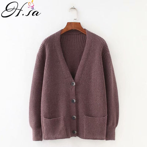 H.SA 2019 Women Cardigans Sweater V neck Solid Loose Knitwear Single Breasted Casual Knit Cardigan Outwear Winter Jacket Coat
