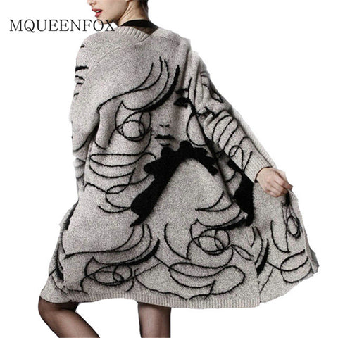 Women's Sweater Cardigans 2019 Ladies Human Face Harajuku Sweater Outerwear Spring Autumn Long Sleeve Knit Sweater Cardigan Coat