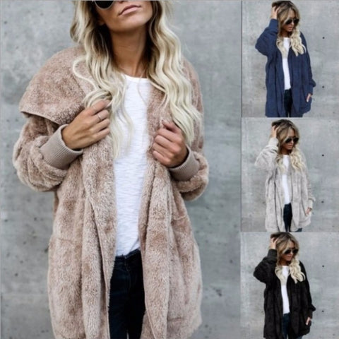 Large size S-5XL Faux Fur Teddy Bear Coat Jacket Women Fashion Open Stitch Winter Hooded Coat Female Long Sleeve Fuzzy Jacket-85