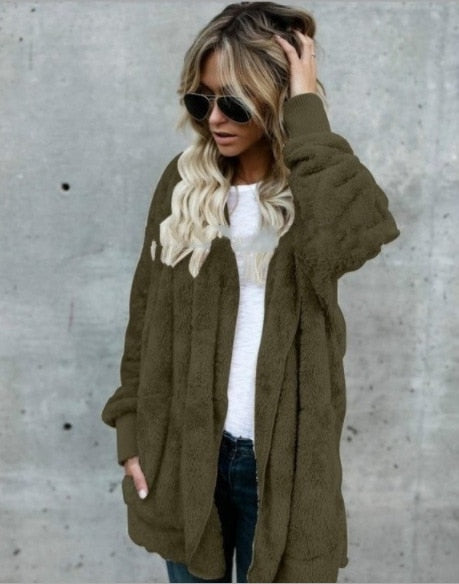 Large size S-5XL Faux Fur Teddy Bear Coat Jacket Women Fashion Open Stitch Winter Hooded Coat Female Long Sleeve Fuzzy Jacket-85