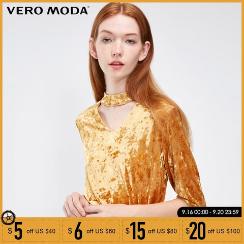 Vero Moda hollow out V-neck Velet Autumn T shirt |3183T1501